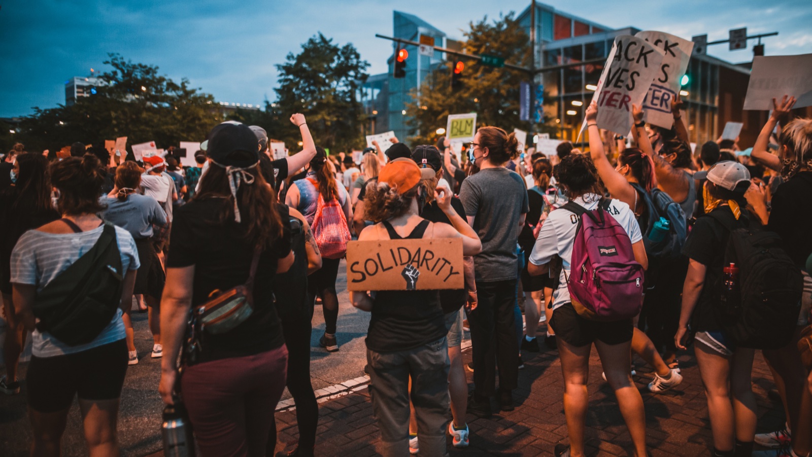 Young protesters at a street demonstration, one carrying a “Solidarity” sign